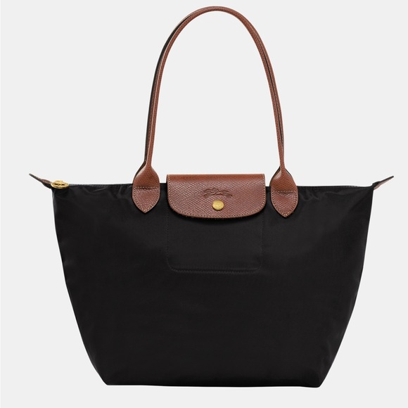Longchamp Le Pliage Black and Brown Nylon Leather Tote Bag - Picture 1 of 14